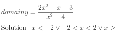 The domain of y=(2x^2-x-3)/(x^2-4) is x<-2\lor-2<x<2\lor x>2